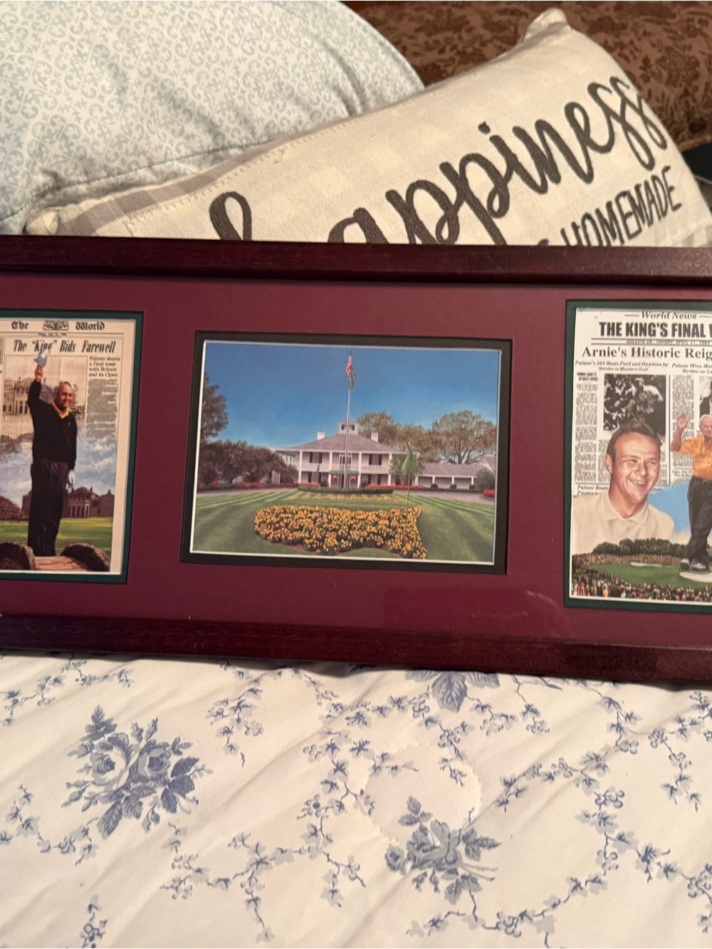 The Augusta National and PalmTriptych Wall Frame in Burgundy with Green Accents